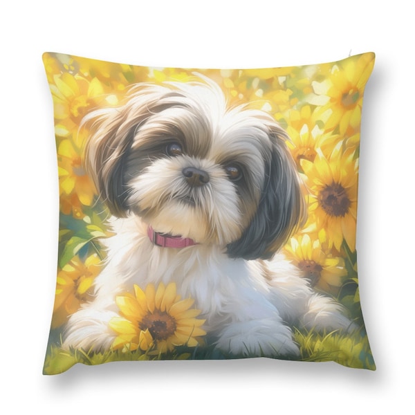 Shih Tzu Colorful Fields of Flowers | Happy Dog | Dog Designs | Dog Portraits | dog decor | Throw Pillow Pillowcase Only