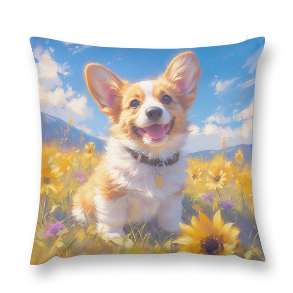 Pembroke Welsh Corgi Colorful Fields of Flowers | Happy Dog | Dog Designs | Dog Portraits | dog decor | Throw Pillow Pillowcase Only