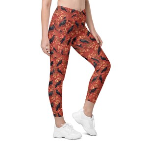 Raven Bird Geometric Animal Print | Eco-Friendly Leggings | Yoga Leggings | Workout Leggings | Crossover Leggings with Pockets