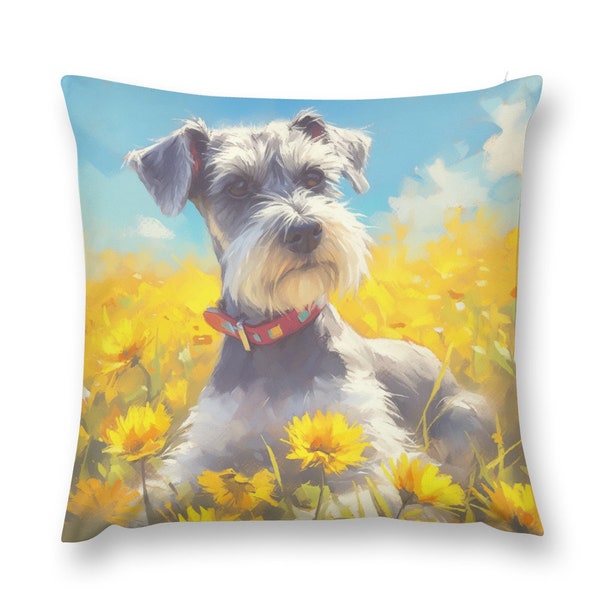 Miniature Schnauzer Colorful Fields of Flowers | Happy Dog | Dog Designs | Dog Portraits | dog decor | Throw Pillow Pillowcase Only