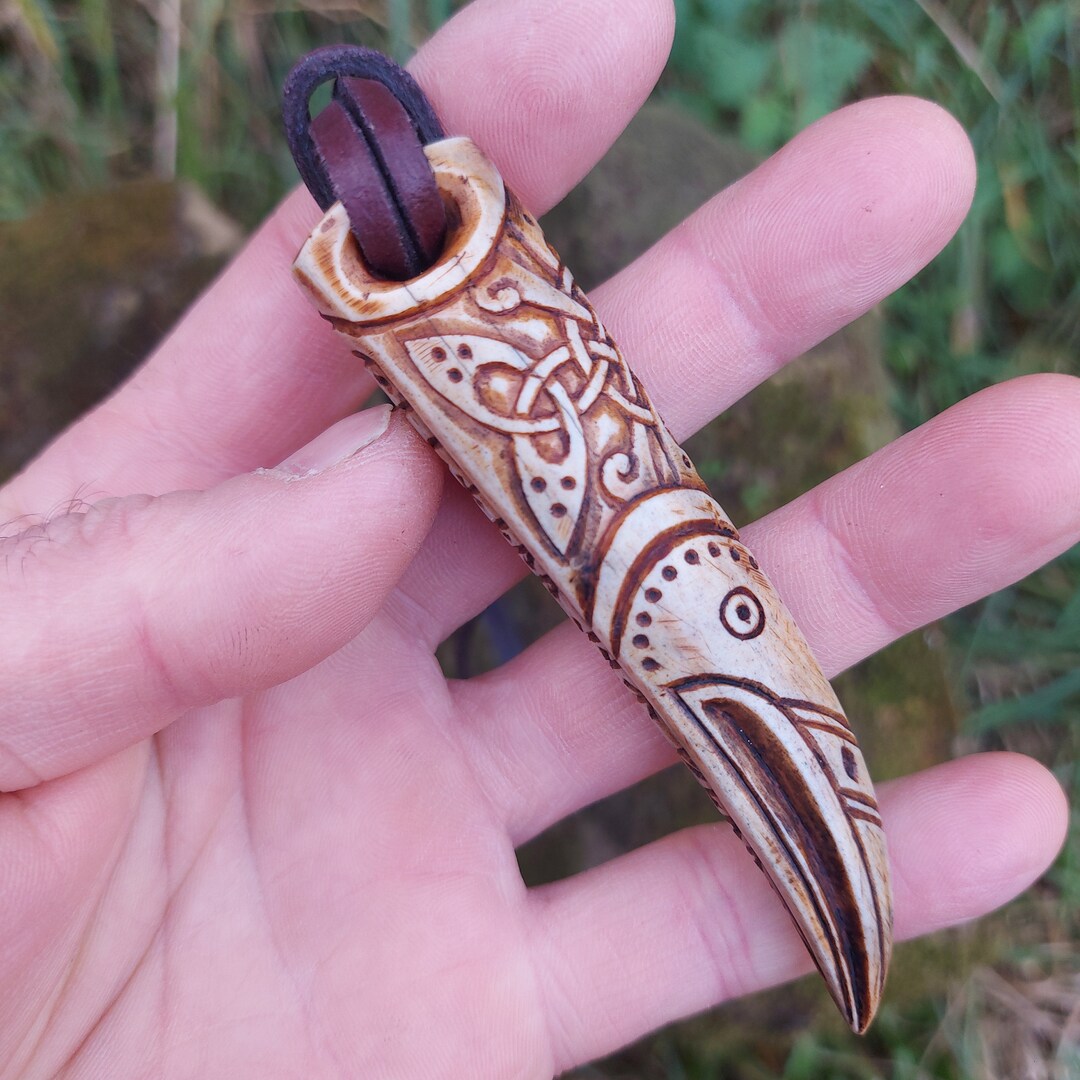 Hand Carved Moose Antler Viking God Odin Raven Pendant, Pegan Amulet