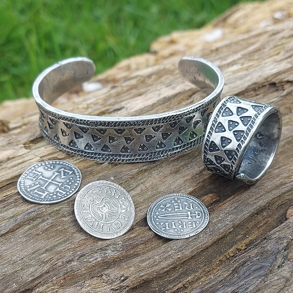 Viking treasure replica lot including  arm ring from Lancashire hoard , ring , three viking coins replicas hand made in pewter