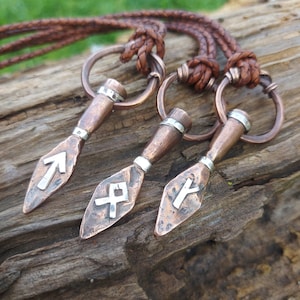 One Hand forged in bronze with sterling silver runes Viking God Odin spear Gungnir pendant with Taiwaz Othala Kaun rune , pegan amulet