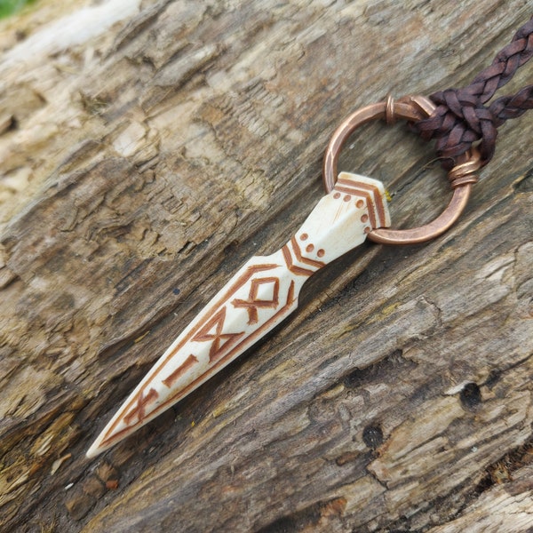 Viking amulet Hand carved moose antler and bronze Viking God Odin spear Gungnir with Odin engraved in Elder  Futhark runes , pegan pendant