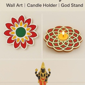 May include: Decorative items: a red, yellow, and green floral wall art, a candle holder with a lit candle, and a gold-colored statue on a floral stand. The text reads "One Piece Three Ways: Wall Art | Candle Holder | God Stand."