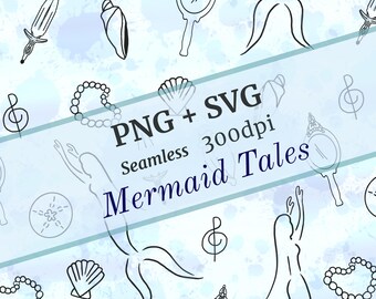 Handgetekende zeemeermin sprookjesachtig naadloos patroon | Schelpen, spiegels, parels (SVG, PNG)