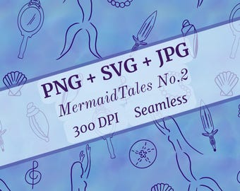 Handgetekende kleine zeemeermin sprookjesachtig naadloos patroon | Schelpen, spiegels, parels (SVG, PNG)