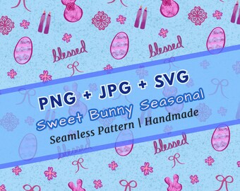 Grillig lenteroze gezegend konijntje naadloos patroon, met de hand getekend direct downloaden | Lente-equinox Ostara Pasen PNG JPG SVG