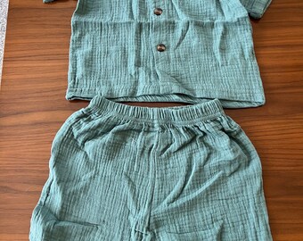 linen shorts set baby boy 1-3 years olive green