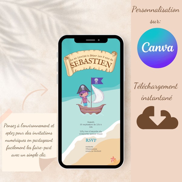 Invitation numérique pour mobile| anniversaire thème pirate| personnalisable sur Canva| téléchargement instantané