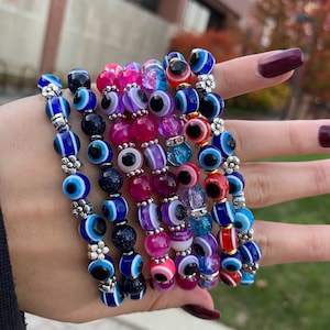 Pink Purple Red Blue Evil Eye Beaded Bracelets, Handmade Women Men Stretchy Gemstone Bracelet, Money Protection Healing Anxiety Gift, 8mm