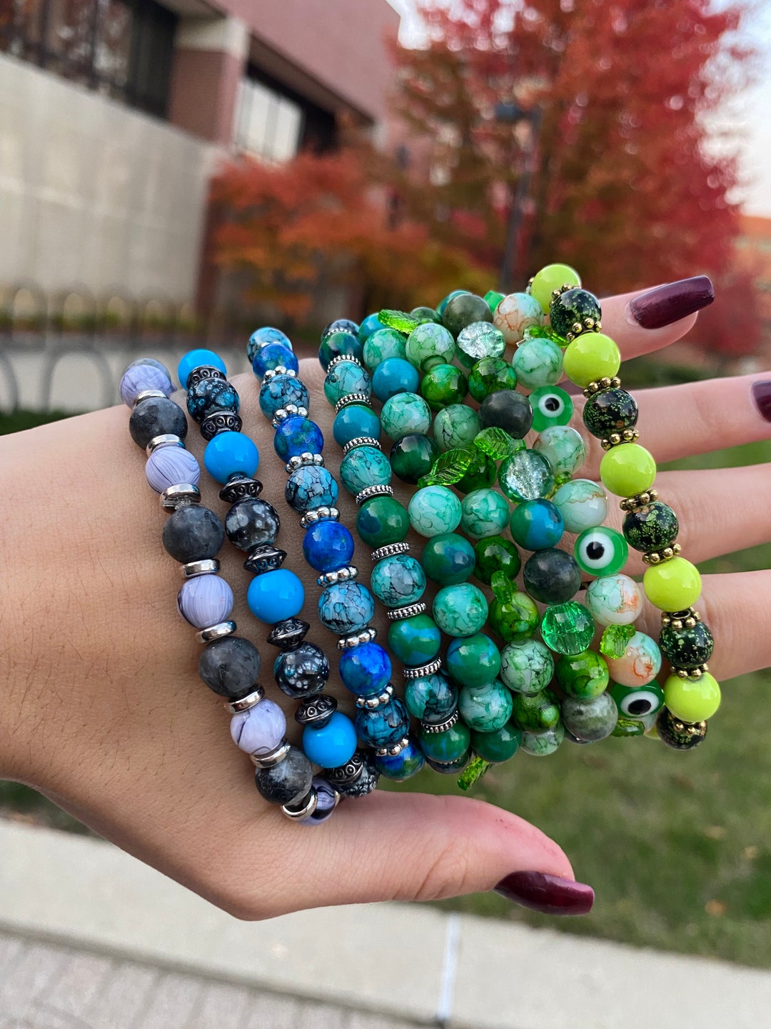 Blue Green Beaded Leaf Charm Bracelet, Handmade Women Men Stretchy