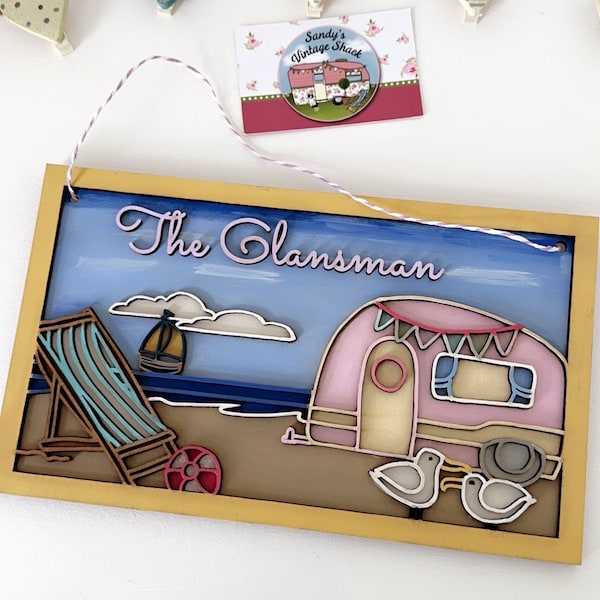 Personalised shabby chic caravan sign, seaside holiday plaque, vintage caravan hanging wall art, cute camper with bunting,  deck chair decor