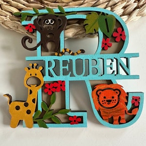 Personalised jungle letter name sign,animal children’s bedroom name plaque, Childs room door and wall decor