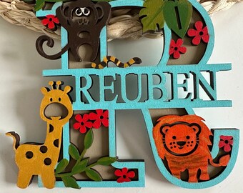 Personalised jungle letter name sign,animal children’s bedroom name plaque, Childs room door and wall decor