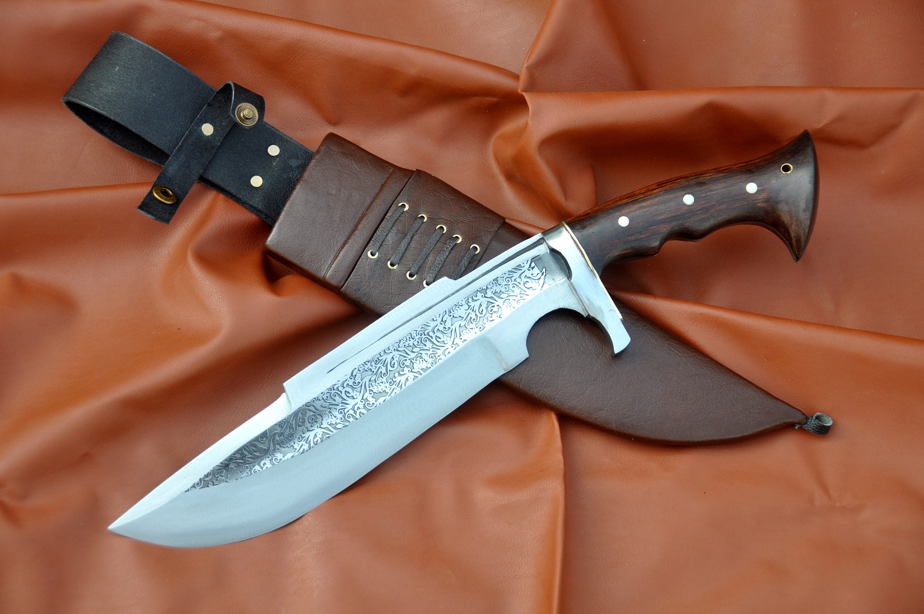12 Inches Long Blade Large Bowie Knife-hand Forged Bowie Knife-tempered-sharpen-leaf  Spring of Truck-flower Pattern Etched-scabbard Included 