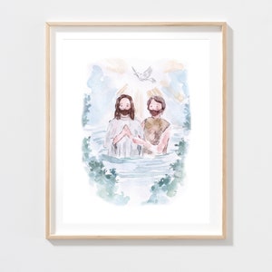 May include: Watercolour painting of Jesus being baptised by John the Baptist. A white dove flies above them, symbolising the Holy Spirit. The scene is set in a river with blue and green water and foliage.