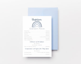 May include: A printable baptism programme with a blue and grey rainbow design. The programme includes the name "Carson Pace" and spaces to fill in the names of the officiant, musicians, and other participants in the ceremony.