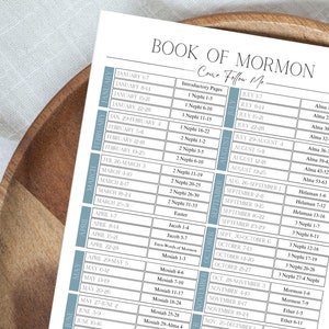 Puede incluir: Un gráfico imprimible con un esquema de color azul y blanco. El gráfico enumera las Escrituras del Libro de Mormón para leer cada día del año, siguiendo el programa Ven, sígueme. El gráfico incluye los meses de enero a diciembre y las referencias de las Escrituras correspondientes.