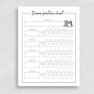 Op de afbeelding: Een wit vel papier met een zwart omlijnde "Drums practice chart" lay-out. De tabel bevat secties voor maandelijkse en wekelijkse doelen, met ruimtes om beoefende minuten en data bij te houden. Een kleine drumstel illustratie staat bovenaan.
