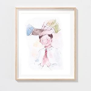 May include: Watercolour painting of a young person with hands placed on their head in a gesture of blessing. The person is wearing a white shirt with a red tie and has a gentle expression on their face.