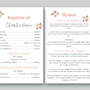 Puede incluir: Un programa de bautismo imprimible rosa y blanco para un bebé llamado Charlie Pace. El programa incluye el orden del servicio, himnos y una sección para la ordenanza del bautismo.