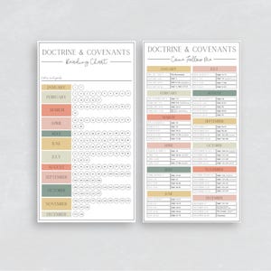 May include: A printable reading chart for the Book of Doctrine and Covenants, with a calendar layout for each month of the year. The chart is divided into two sections, one for reading the entire book and the other for following the Come Follow Me curriculum.