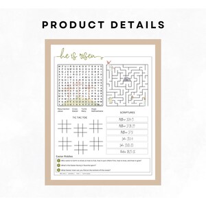 K&ouml;nnte beinhalten: Ein beigefarbenes, bedruckbares Oster-Aktivit&auml;tsblatt mit den Worten "Product Details" oben. Das Blatt enth&auml;lt ein Suchwort, ein Labyrinth, Tic-Tac-Toe-Gitter, Schriftstellenverweise und Oster-R&auml;tsel. Der Satz "he is risen" ist kursiv geschrieben.