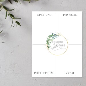 May include: A printable worksheet divided into four quadrants labeled "Spiritual", "Physical", "Intellectual", and "Social". The center of the worksheet features a gold circle with a green leafy wreath and the text "I am a disciple of Jesus Christ" with a scripture reference.