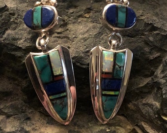 Darrel Cadman opal Inlay Navajo Earrings