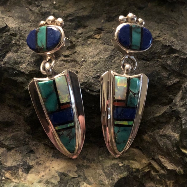 Darrel Cadman opal Inlay Navajo Earrings