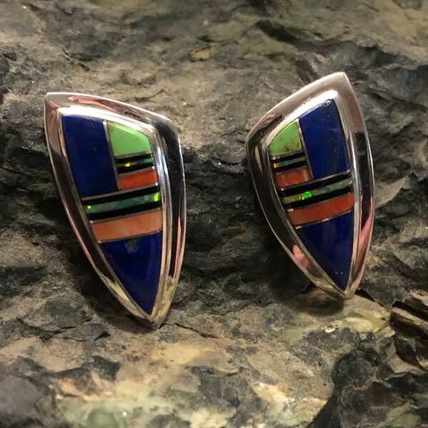 Darrel Cadman opal lapis Inlay Navajo Earrings