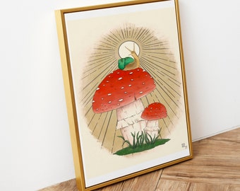 May include: A framed illustration of a red and white mushroom with a snail on top. The mushroom is surrounded by green grass and a sunburst pattern. The illustration is on a beige background.