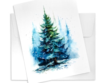 Watercolor Christmas Tree Cards, Blue Holiday Design (Set of 12)
