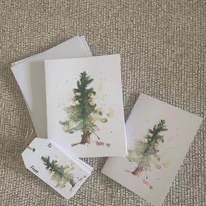 Christmas! Fabulous Pine Tree. Original Watercolor . 4 x 6 blank.  Set of 12 blank cards  w envelopes. Gift tags and a pocket notebook