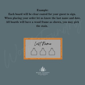 May include: A wooden sign with a brown frame and a chalkboard insert. The chalkboard has the text "Last Name" written on it and three blank spaces for signatures. The sign is made by Wood Foundry Woodworks, established in 2027.