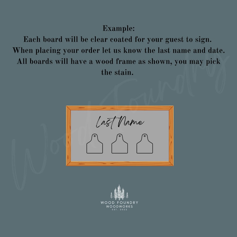 May include: A wooden sign with a brown frame and a chalkboard insert. The chalkboard has the text "Last Name" written on it and three blank spaces for signatures. The sign is made by Wood Foundry Woodworks, established in 2027.