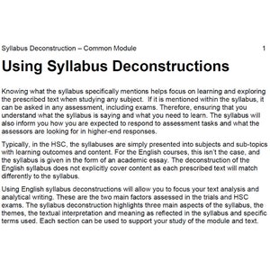 Może przedstawiać: Czarno-biały dokument tekstowy z tytułem "Using Syllabus Deconstructions". Dokument wyjaśnia, jak korzystać z programu nauczania, aby skupić się na uczeniu się i badaniu wyznaczonego tekstu podczas nauki dowolnego przedmiotu.