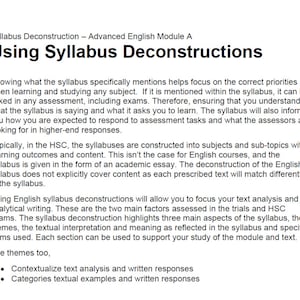 Puede incluir: Una página de un syllabus de inglés para el Módulo A de inglés avanzado. La página explica cómo usar las deconstrucciones del syllabus para comprender el contenido y las expectativas del curso. El texto destaca la importancia de comprender el syllabus para tener éxito en las evaluaciones.