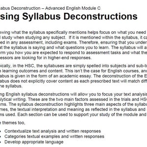 Puede incluir: Un documento de texto en blanco y negro con el título "Using Syllabus Deconstructions". El documento proporciona instrucciones sobre cómo usar un plan de estudios para aprender y estudiar para los exámenes. El documento también incluye una lista de tres beneficios clave de usar un plan de estudios: contextualizar el análisis de texto y las respuestas escritas, categorizar los ejemplos textuales y las respuestas escritas, y desarrollar un lenguaje apropiado.