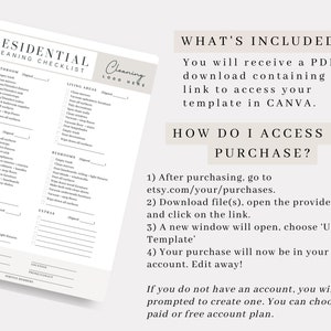 May include: A printable cleaning checklist template for residential homes. The checklist includes sections for bathroom, kitchen, living areas, bedrooms, and extras. The text "WHAT'S INCLUDED?" and "HOW DO I ACCESS MY PURCHASE?" is displayed on the right side of the page. The checklist is designed to be used with Canva.