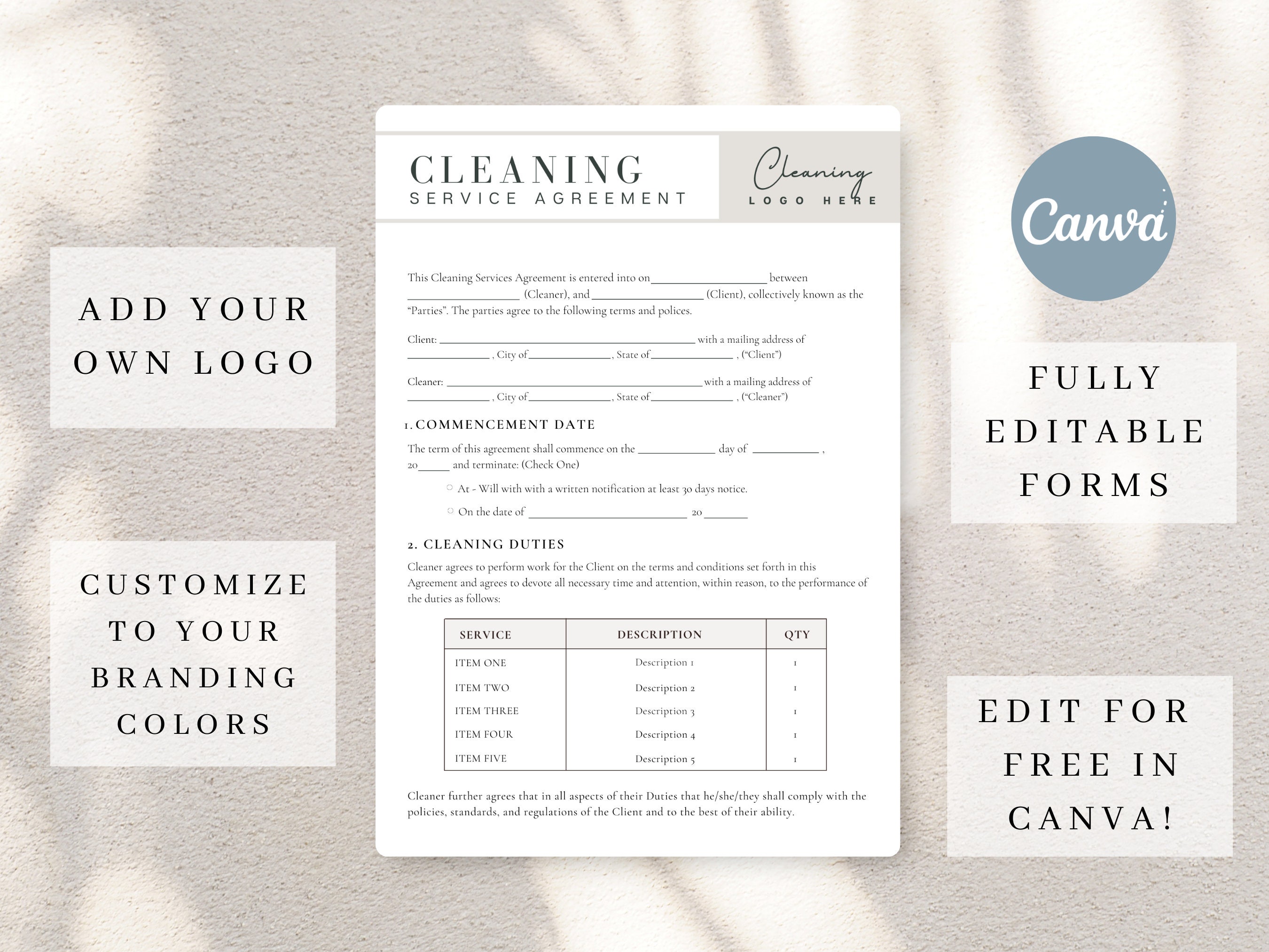 Editable Cleaning Services Agreement, Cleaning Contract, Cleaning