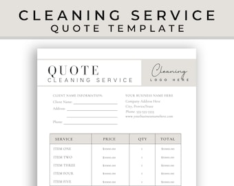 May include: A printable cleaning service quote template with a gray background. The template includes sections for client information, business information, service, price, quantity, and total. The text "Cleaning" is written in cursive at the top of the page.