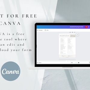 May include: A laptop screen displaying a Canva design template for a residential cleaning checklist. The text "RESIDENTIAL CLEANING CHECKLIST" is visible on the template. The text "EDIT FOR FREE IN CANVA" is displayed on the screen. The Canva logo is visible in the bottom left corner of the image.