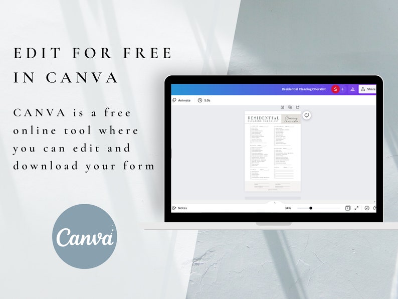 May include: A laptop screen displaying a Canva design template for a residential cleaning checklist. The text "RESIDENTIAL CLEANING CHECKLIST" is visible on the template. The text "EDIT FOR FREE IN CANVA" is displayed on the screen. The Canva logo is visible in the bottom left corner of the image.