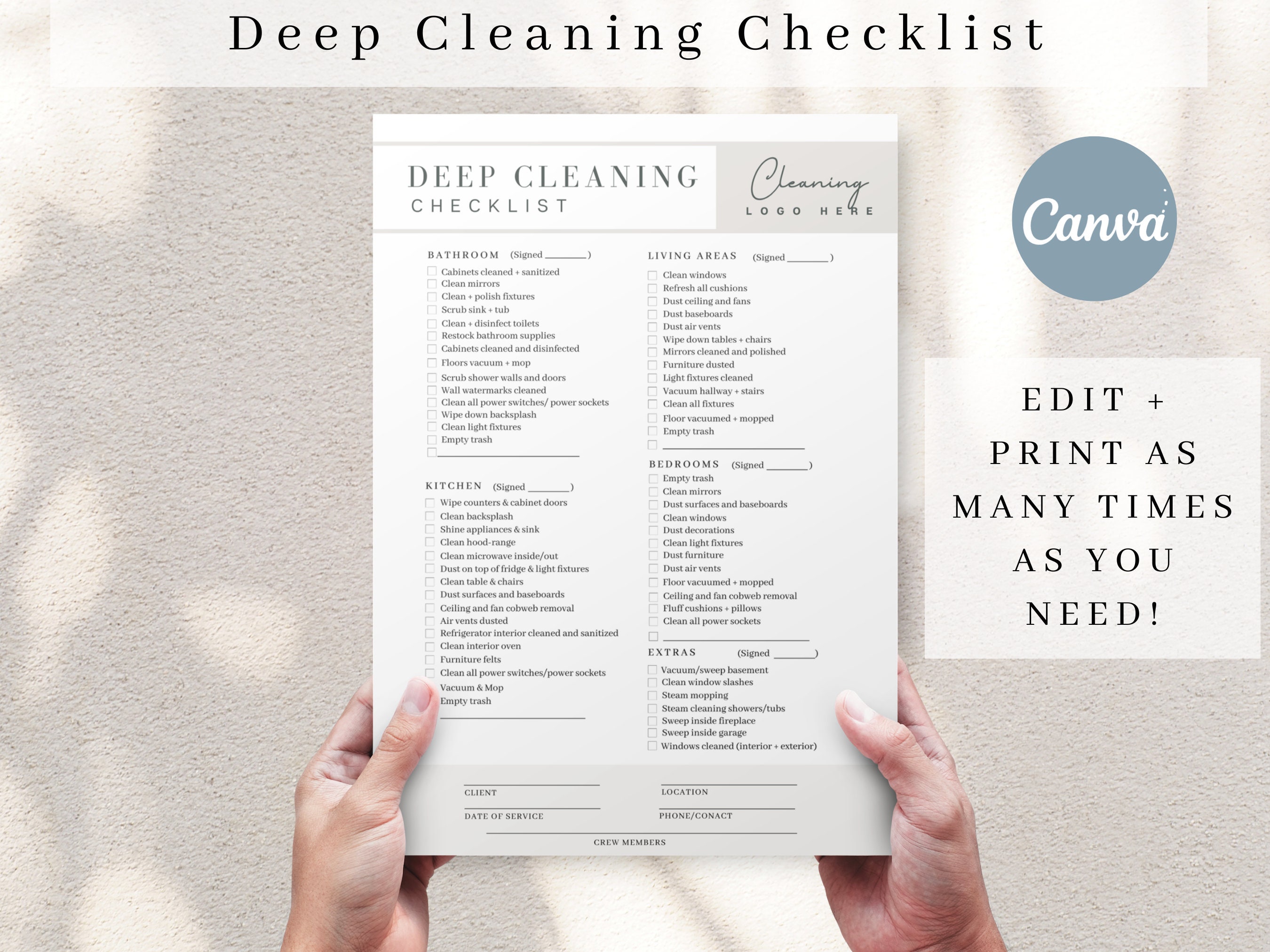 Professional Residential Deep Cleaning Checklist, Editable House Deep