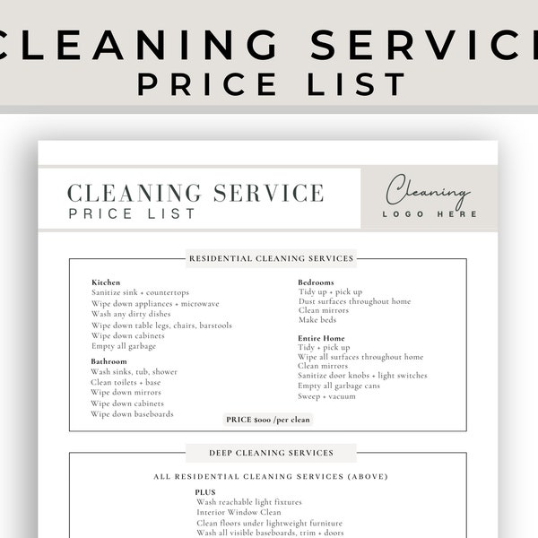Professionelle Reinigungsservice-Preisliste,Bearbeitbare Preisliste,Hausreinigungsvorlage,Reinigungsservice-Business,Reinigungsservice-Formular