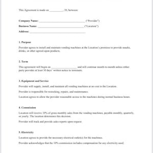 May include: A white document titled "VENDING MACHINE PLACEMENT CONTRACT" with sections for company details, purpose, term, equipment, service, commission, and electricity. The document is a legal agreement.