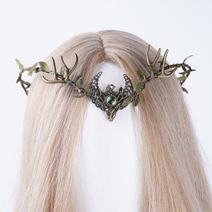 Moon Antlers Tiara, Fairy Crown, Elf Elven Gift, Witch Woodland Headpiece, Elven Wedding Crown, Floral Bridal Tiara, Wiccan Elf Moon Circlet