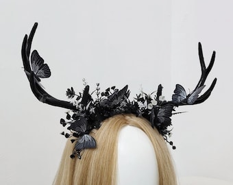 Fairy Crown, Black Antlers Headband Tiaras,  hair accessories, Elven Headpiece, Woodland Fairy Diadem, Flower Crown with butterfly